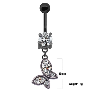 Detail of bat-style belly button ring with butterfly pendant and 15mm zircon stones
