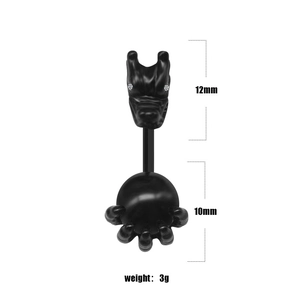Gothic bat dragon belly button ring with white rhinestones and claw design in black steel