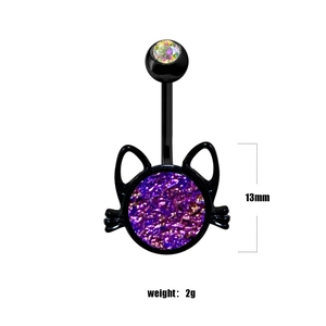 Detailed view of black bat navel ring with purple crystal cat head and dimensions