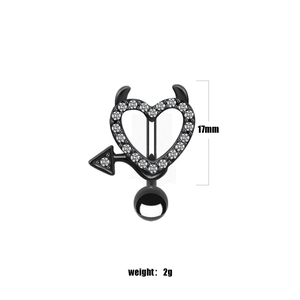 Detail view of black heart navel ring with demon horns and sparkling white crystals