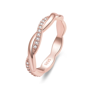 Elegant rose gold twisted rope ring in S925 sterling silver with sparkling zircon accents