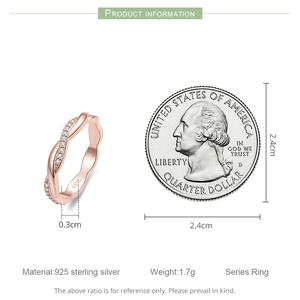 Twisted rope 925 sterling silver ring in rose gold with pave zircons and size reference