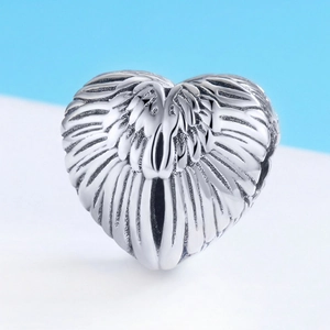 Silver heart wing charm bead with detailed feather texture for DIY jewelry making