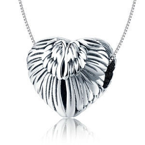 Silver-colored heart-shaped necklace with detailed wing wings on a box chain