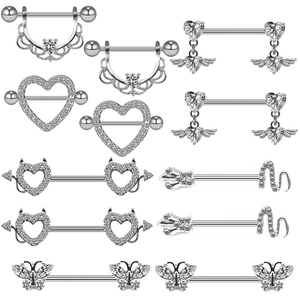 Roestvrij Stalen Hart Tepelring Met Strass Gotische Vlinder Vleugel Tepel Piercing Barbell Lichaam Piercing Sieraden Voor Unisex