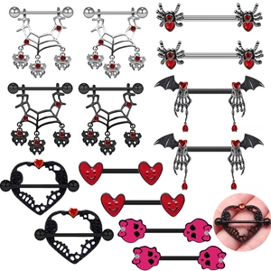 Gothik Edelstahl Nippelringe Halloween Spinne Fledermaus Skelett Herz Strass Körperpiercing Schmuck Für Damen