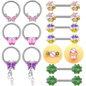316L Edelstahl Brustwarzenring Schmetterling Blume Vierblättriges Kleeblatt Piercing Schmuck Für Damen Strass Emaille Zubehör
