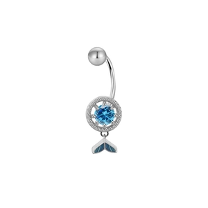 Macro detail of silver curved belly ring with sky blue gemstone and fishtail pendant