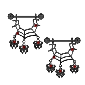 Details von gothischen Spinnennetz-Brustwarzenpiercings mit schwarzen Kristallen