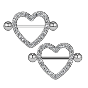 Elegante hartvormige tepelpiercings met sprankelende zirkonia en zilveren stalen staafjes