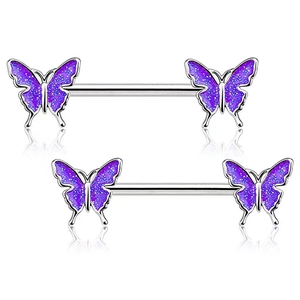 Eleganti piercing per capezzoli a farfalla viola con ali glitterate in acciaio inox