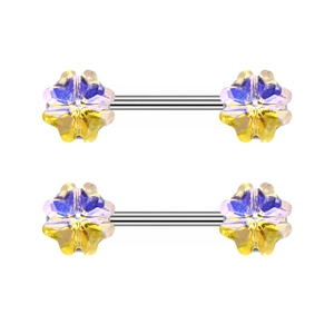 Detail von Barbell-Piercingschmuck mit schillernden vierblättrigen AB-Kristallblumen