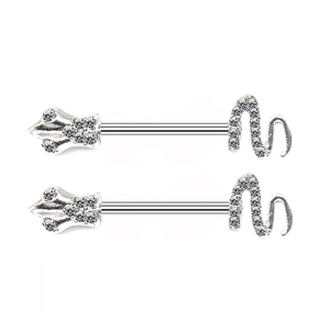 Detail van zilveren hart tepelpiercings met slang en kroon ontwerpen en heldere zirkonia