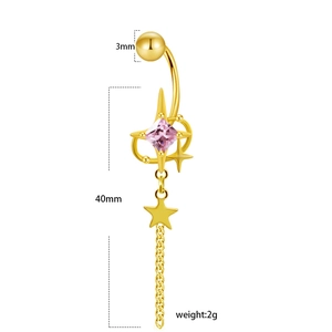 Detail view of pink gemstone navel ring with gold star chain and dimension markings