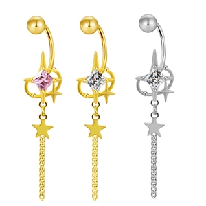 Detailed view of star-shaped navel rings with square gems and dangling chain fringe