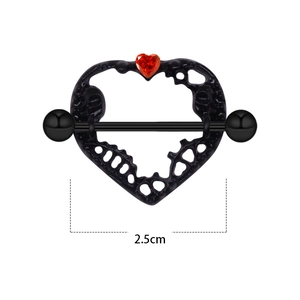 Gothic Herz Nippelpiercing in Schwarz mit Totenkopf-Textur und rotem Edelstein, 2,5cm