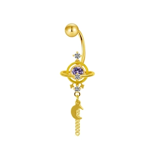Detailed close-up of a golden butterfly navel ring with purple stone and moon pendant