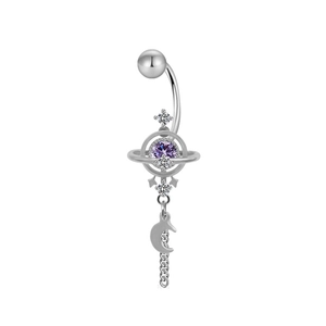 Detail of silver belly ring with purple gemstone planet design and moon tassel pendant