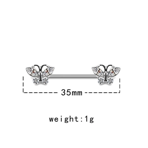 Detailweergave van een 35 mm tepel-barbell met vlinderaccenten en schitterende zirkoon