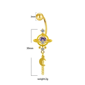 Gold butterfly navel ring with purple stone, moon pendant and chain detail, 30mm length