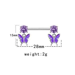 Dettagli dei piercing per capezzoli a farfalla viola con barre d'argento e pietre preziose