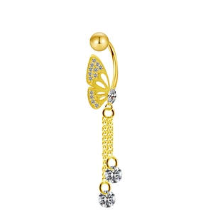 Macro detail of 18K gold butterfly navel ring with crystal tassels and curved bar