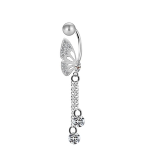 Detail showing butterfly navel ring with sparkling cubic zirconia and double chain drops