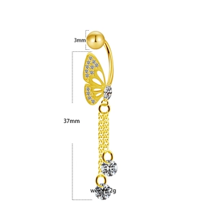 Golden butterfly belly button ring with zircon wings and sparkling drop chains
