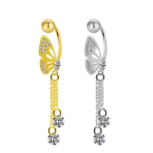 Polished butterfly belly rings with dangling chain and cubic zirconia in gold and silver