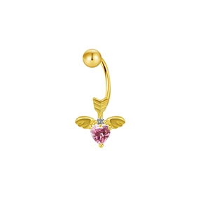 Macro detail of 18K gold plated navel ring with pink heart stone and feather wings