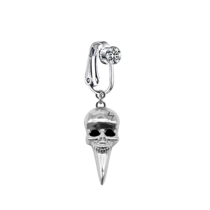 Detailed shot of silver gothic ear cuff with skull pendant and lightning engraving