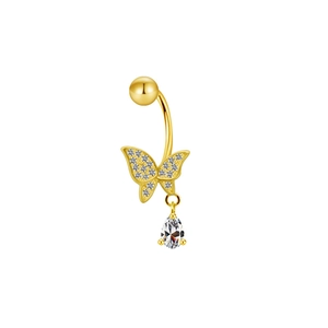 Detailed view of golden butterfly belly ring with zircon stones and teardrop pendant