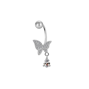 Detail of silver butterfly belly ring with sparkling crystals and drop pendant
