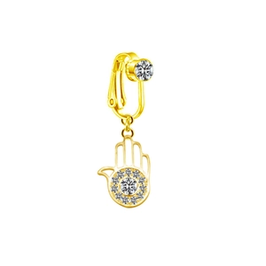 Macro view of gold Hamsa hand pendant with pavé cubic zirconia and filigree details