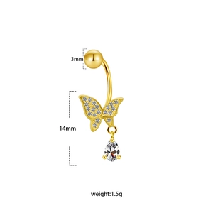 Detailed view of a golden butterfly navel ring with crystal drop and 1.5g weight info