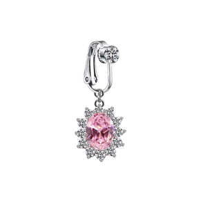 Clip-on belly ring with pink oval zircon sunflower pendant and silver spring mechanism