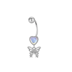 Detailed view of silver butterfly belly ring with opal heart and cubic zirconia stones