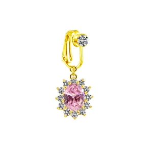 Detail of gold clip-on belly ring featuring a pink oval gemstone and halo crystals