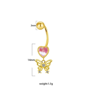 Detailed view of pink heart belly ring with butterfly charm and 14mm dimension specs