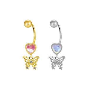 Elegant butterfly belly button ring with heart opal stone in gold and silver steel finish