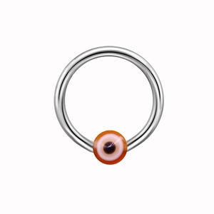 Detailed view of silver captive bead ring featuring a brown evil eye charm