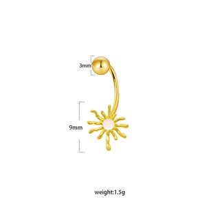Detailed specs of gold navel ring with sun pendant and white opal stone