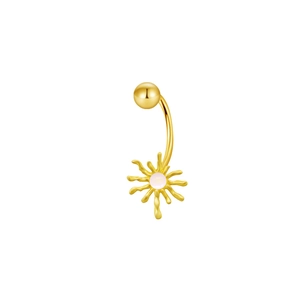Close-up of golden sun-shaped navel ring with pink opal center on white background