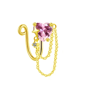 Golden U-shaped fake nose ring with pink heart crystal, star charm, and long fringe chains