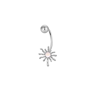 Detailed view of silver belly ring with sun pendant and pink synthetic opal stone inlay