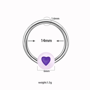 Detailed size specifications for a steel nipple ring with a purple heart bead ornament