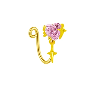 Detail of gold U-shaped fake nose ring with pink heart crystal and yellow star charm