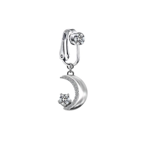 Close-up of crescent moon navel clip with star-set zircon and silver finish