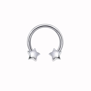 Close-up of silver stainless steel horseshoe nose ring with symmetrical star-shaped ends