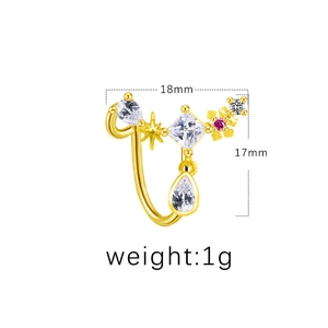 Luxury gold nose ring with star and zircon gemstones, measuring 18mm by 17mm